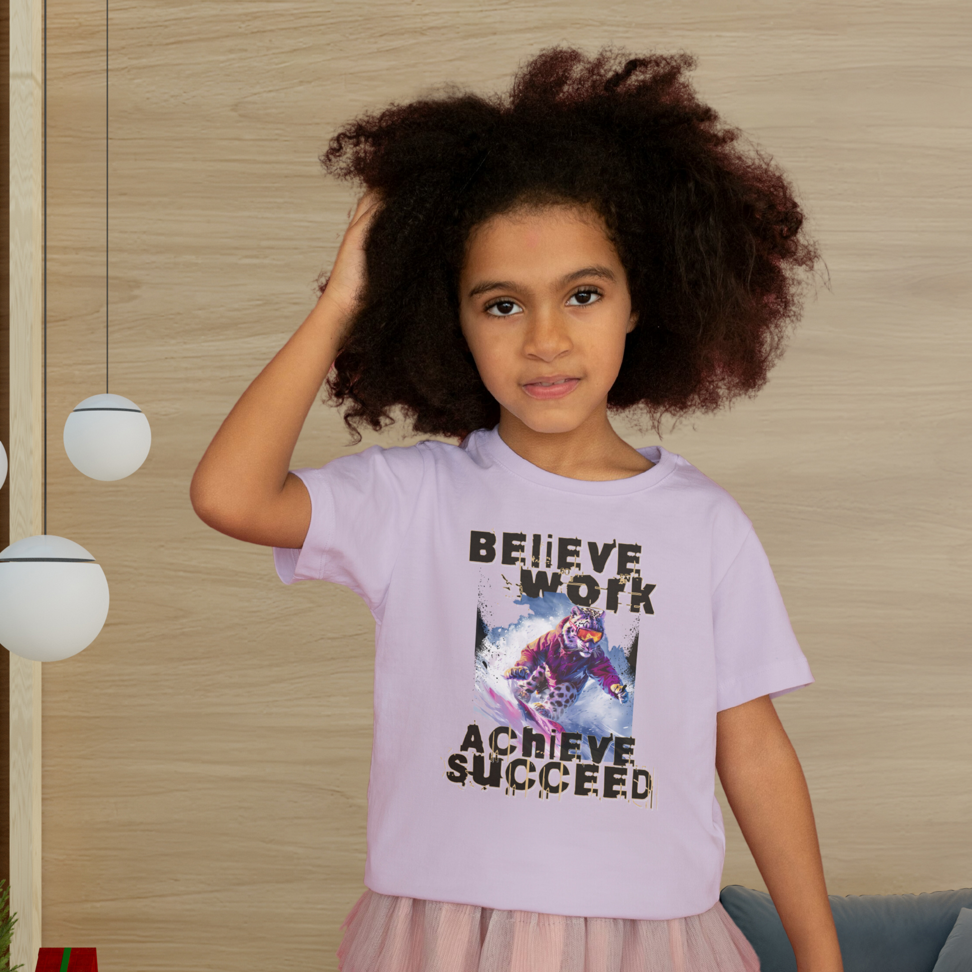 Believe Work Achieve Kids Snow Leopard Softstyle Tee - Motivational Graphic T-Shirt for Boys and Girls, Trendy Snow  Tee for Boys and Girls