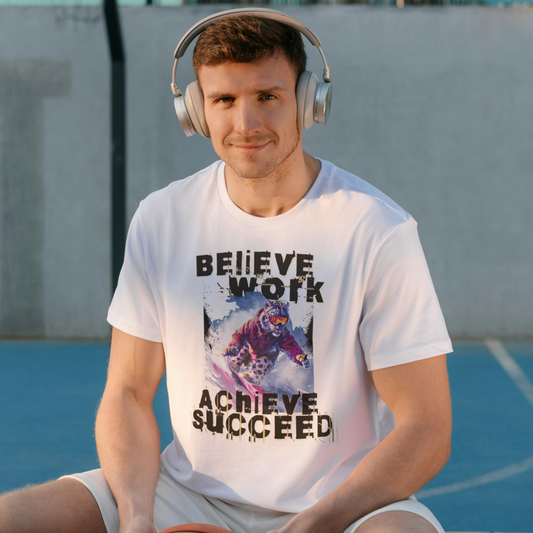Believe Work Snow Leopard T-Shirt – Rippin' Down the Slopes Inspirational Graphic Tee for Adults, Stylish  Design T-Shirt for Men and Women