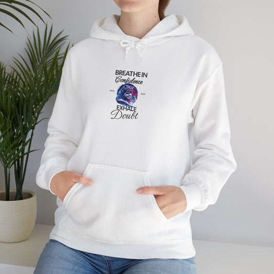 Breath in Confidence ESTD 2024 Exhale Doubt Snow Leopard Gaze Hoodie, Unisex Motivational Animal Graphic Sweatshirt, Motivational Hoodie