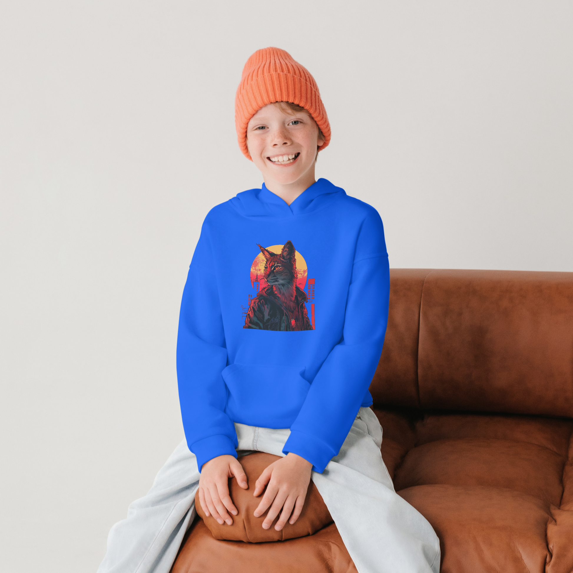 &quot;Front view of City Kitty Caracal Youth Hoodie with animal graphic&quot;
&quot;Close-up of caracal cat design on kids&#39; hoodie&quot;
&quot;Child wearing urban animal graphic sweatshirt&quot;
&quot;Back view of youth hoodie in grey&quot;
&quot;Kids&#39; fashion hoodie with caracal print&quot;