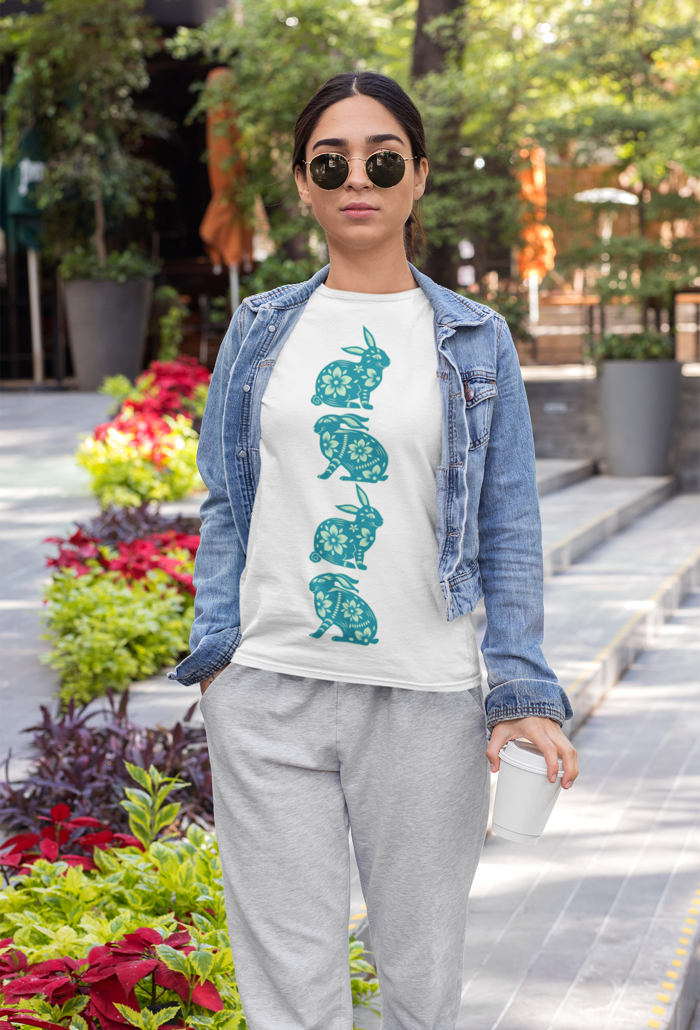 Floral_Rabbit_T-Shirt_Folk_Art_Bunny_Pattern_Tee_Nature_Inspired_Unisex_Teal_Hare_Design_Spring_Summer_Cottagecore_Clothing_Gift