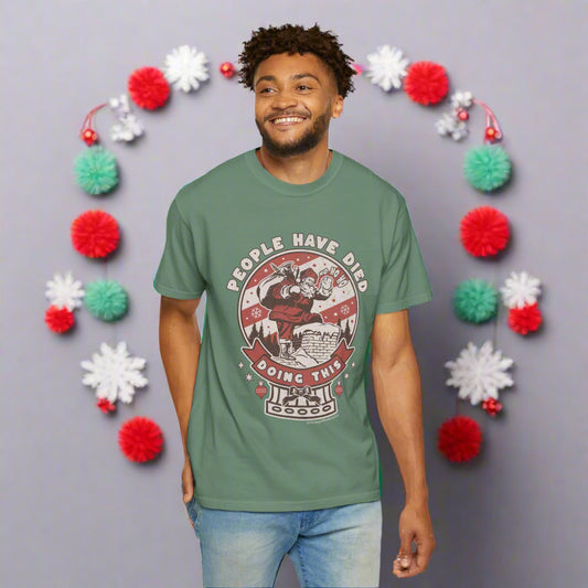 Santa's Perilous Journey Unisex T-Shirt – Funny Christmas Tee, Holiday Humor Shirt, People Have Died Doing This, , Funny Holiday Tee, Santa