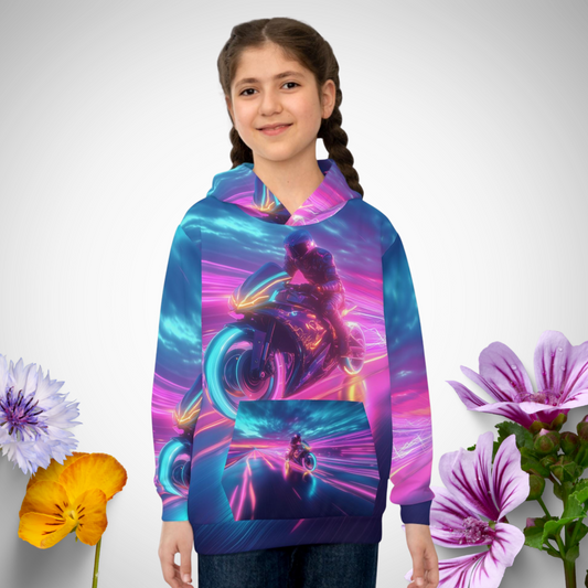 &quot;Front view of Synthwave Bike Children&#39;s Hoodie with neon bike graphic&quot;
&quot;Close-up of retro neon bike design on kids hoodie&quot;
&quot;Model wearing Synthwave Bike hoodie, perfect for active kids&quot;
&quot;Back view of children&#39;s hoodie with vibrant neon colors&quot;